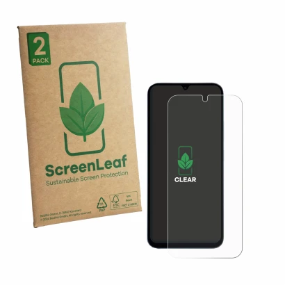 Parte frontale di una confezione del prodotto con il logo del marchio ScreenLeaf. Accanto è raffigurato il dispositivo Xiaomi 