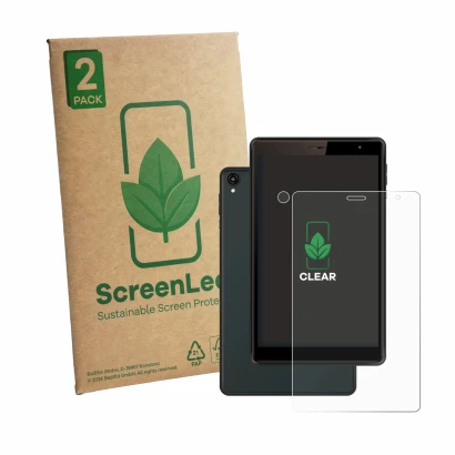 Parte frontale di una confezione del prodotto con il logo del marchio ScreenLeaf. Accanto è raffigurato il dispositivo Logicom