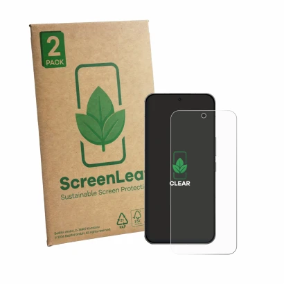 Parte frontale di una confezione del prodotto con il logo del marchio ScreenLeaf. Accanto è raffigurato il dispositivo Oppo K1