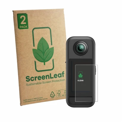 Parte frontale di una confezione del prodotto con il logo del marchio ScreenLeaf. Accanto è raffigurato il dispositivo Akaso 3