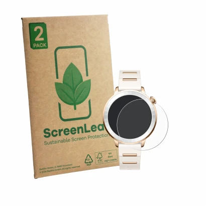 Parte frontale di una confezione del prodotto con il logo del marchio ScreenLeaf. Accanto è raffigurato il dispositivo Oppo Wa