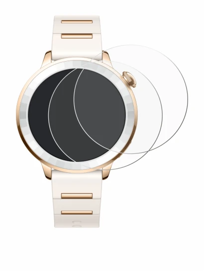 Immagine del dispositivo Oppo Watch X3 Mini con un'ampia varietà di protezioni per lo schermo.