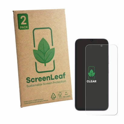 Parte frontale di una confezione del prodotto con il logo del marchio ScreenLeaf. Accanto è raffigurato il dispositivo realme 