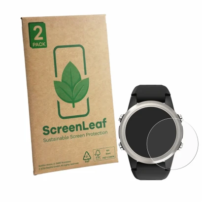 Parte frontale di una confezione del prodotto con il logo del marchio ScreenLeaf. Accanto è raffigurato il dispositivo Shearwa