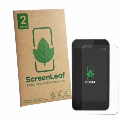 Parte frontale di una confezione del prodotto con il logo del marchio ScreenLeaf. Accanto è raffigurato il dispositivo Equil P