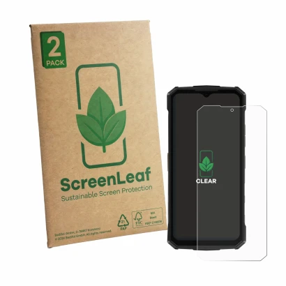 Parte frontale di una confezione del prodotto con il logo del marchio ScreenLeaf. Accanto è raffigurato il dispositivo Doogee 