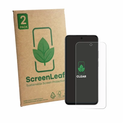 Parte frontale di una confezione del prodotto con il logo del marchio ScreenLeaf. Accanto è raffigurato il dispositivo realme 