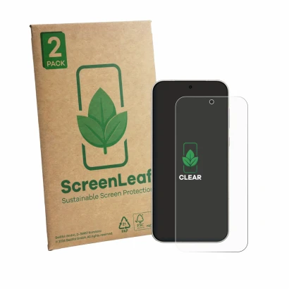 Parte frontale di una confezione del prodotto con il logo del marchio ScreenLeaf. Accanto è raffigurato il dispositivo OnePlus