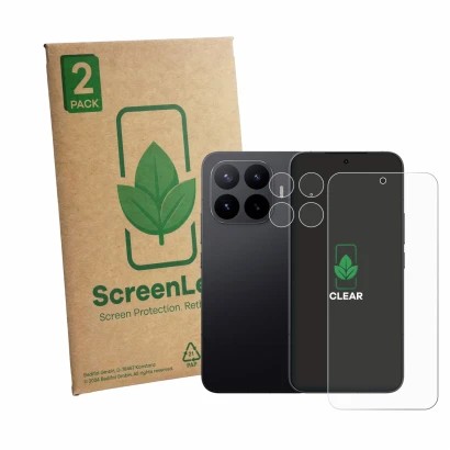 Parte frontale di una confezione del prodotto con il logo del marchio ScreenLeaf. Accanto è raffigurato il dispositivo Xiaomi 