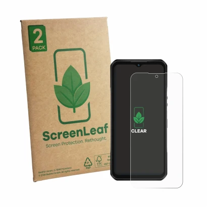 Parte frontale di una confezione del prodotto con il logo del marchio ScreenLeaf. Accanto è raffigurato il dispositivo Oukitel