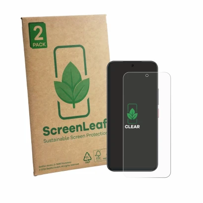 Parte frontale di una confezione del prodotto con il logo del marchio ScreenLeaf. Accanto è raffigurato il dispositivo Nubia A