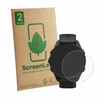 Parte frontale di una confezione del prodotto con il logo del marchio ScreenLeaf. Accanto è raffigurato il dispositivo Garmin 