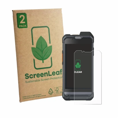 Parte frontale di una confezione del prodotto con il logo del marchio ScreenLeaf. Accanto è raffigurato il dispositivo Hytera 