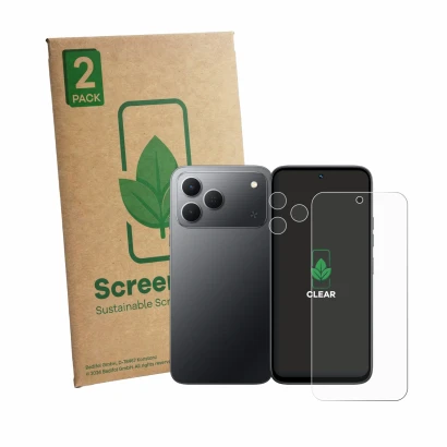 Parte frontale di una confezione del prodotto con il logo del marchio ScreenLeaf. Accanto è raffigurato il dispositivo Tecno S