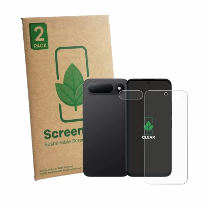 Parte frontale di una confezione del prodotto con il logo del marchio ScreenLeaf. Accanto è raffigurato il dispositivo Tecno S
