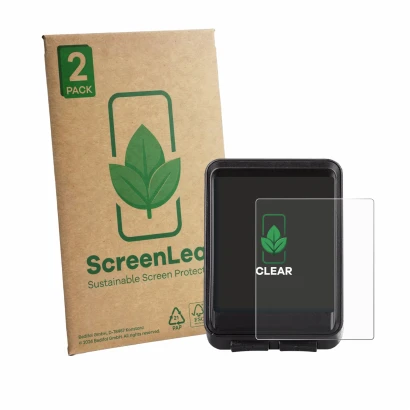 Parte frontale di una confezione del prodotto con il logo del marchio ScreenLeaf. Accanto è raffigurato il dispositivo OHFAMO 