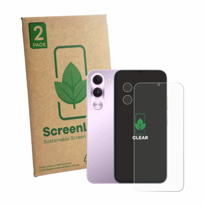 Parte frontale di una confezione del prodotto con il logo del marchio ScreenLeaf. Accanto è raffigurato il dispositivo realme 