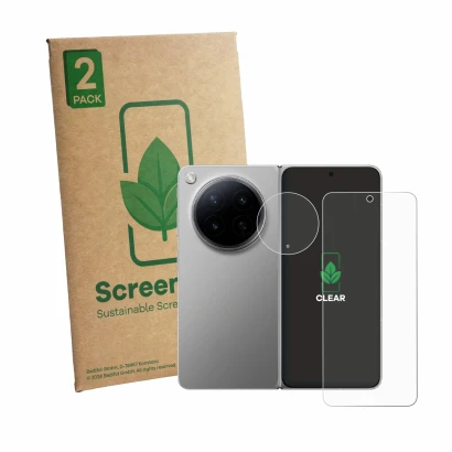 Parte frontale di una confezione del prodotto con il logo del marchio ScreenLeaf. Accanto è raffigurato il dispositivo Oppo Fi