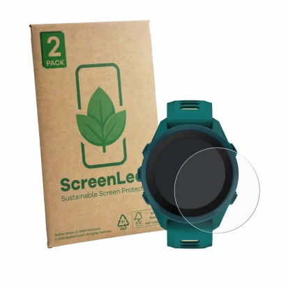 Parte frontale di una confezione del prodotto con il logo del marchio ScreenLeaf. Accanto è raffigurato il dispositivo Garmin 