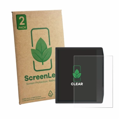 Parte frontale di una confezione del prodotto con il logo del marchio ScreenLeaf. Accanto è raffigurato il dispositivo PocketB