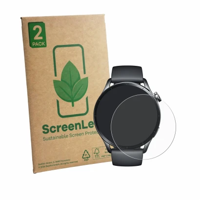 Parte frontale di una confezione del prodotto con il logo del marchio ScreenLeaf. Accanto è raffigurato il dispositivo Xiaomi 