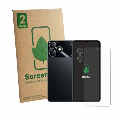 Parte frontale di una confezione del prodotto con il logo del marchio ScreenLeaf. Accanto è raffigurato il dispositivo realme 