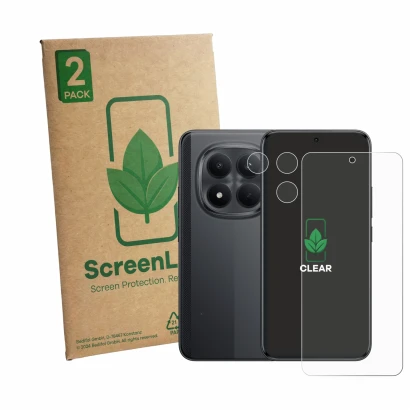 Parte frontale di una confezione del prodotto con il logo del marchio ScreenLeaf. Accanto è raffigurato il dispositivo Xiaomi 
