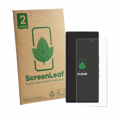 Parte frontale di una confezione del prodotto con il logo del marchio ScreenLeaf. Accanto è raffigurato il dispositivo ZTE Nub
