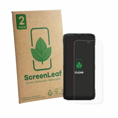 Parte frontale di una confezione del prodotto con il logo del marchio ScreenLeaf. Accanto è raffigurato il dispositivo Doogee 