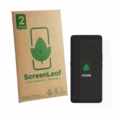 Parte frontale di una confezione del prodotto con il logo del marchio ScreenLeaf. Accanto è raffigurato il dispositivo Volla P