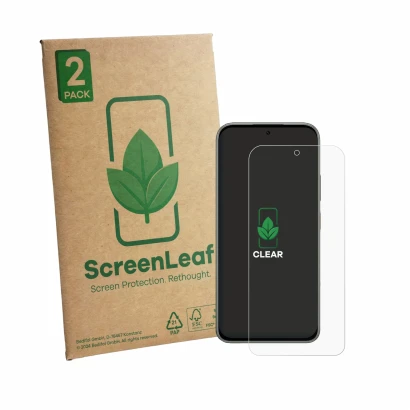 Parte frontale di una confezione del prodotto con il logo del marchio ScreenLeaf. Accanto è raffigurato il dispositivo Tecno P