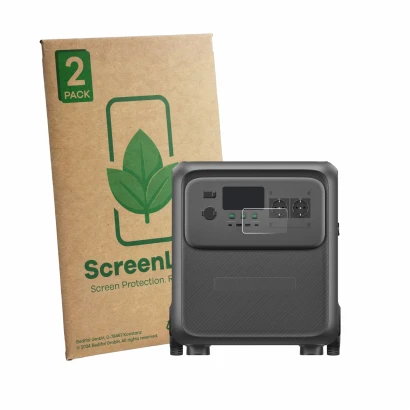 Parte frontale di una confezione del prodotto con il logo del marchio ScreenLeaf. Accanto è raffigurato il dispositivo Bluetti