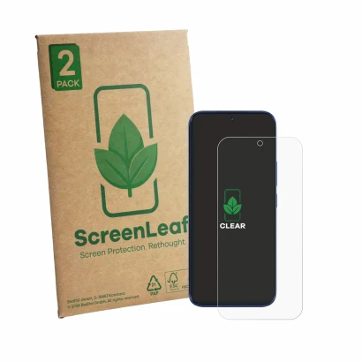 Parte frontale di una confezione del prodotto con il logo del marchio ScreenLeaf. Accanto è raffigurato il dispositivo Tecno C