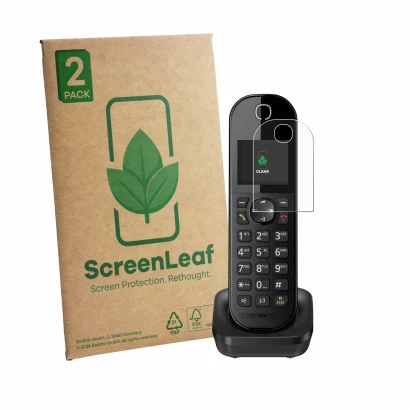 Parte frontale di una confezione del prodotto con il logo del marchio ScreenLeaf. Accanto è raffigurato il dispositivo Panason