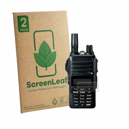 Parte frontale di una confezione del prodotto con il logo del marchio ScreenLeaf. Accanto è raffigurato il dispositivo Yaesu F