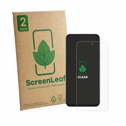 Parte frontale di una confezione del prodotto con il logo del marchio ScreenLeaf. Accanto è raffigurato il dispositivo realme 