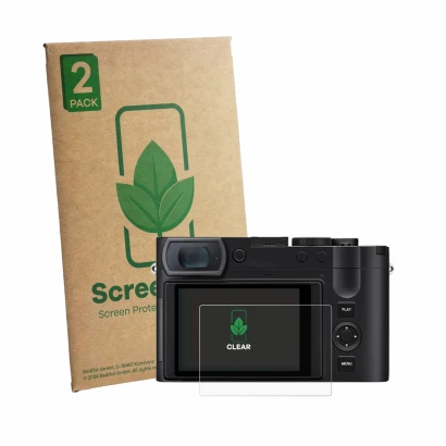 Parte frontale di una confezione del prodotto con il logo del marchio ScreenLeaf. Accanto è raffigurato il dispositivo Leica Q