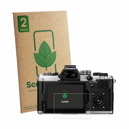 Parte frontale di una confezione del prodotto con il logo del marchio ScreenLeaf. Accanto è raffigurato il dispositivo OM Syst