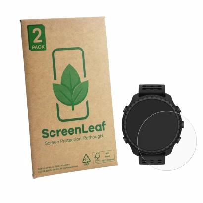 Parte frontale di una confezione del prodotto con il logo del marchio ScreenLeaf. Accanto è raffigurato il dispositivo Suunto 