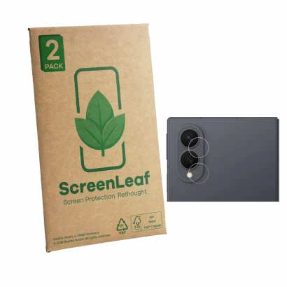 Parte frontale di una confezione del prodotto con il logo del marchio ScreenLeaf. Accanto è raffigurato il dispositivo Samsung