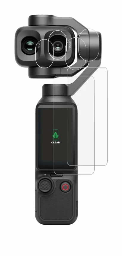 Immagine del dispositivo DJI Osmo Pocket 4P (Display + Lente) con un'ampia varietà di protezioni per lo schermo.