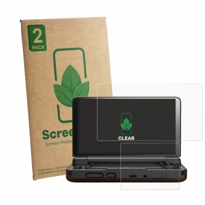 Parte frontale di una confezione del prodotto con il logo del marchio ScreenLeaf. Accanto è raffigurato il dispositivo AYN Tho