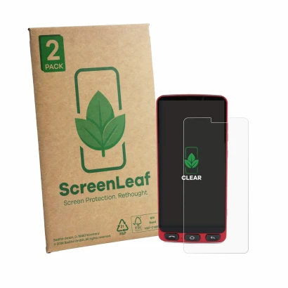 Parte frontale di una confezione del prodotto con il logo del marchio ScreenLeaf. Accanto è raffigurato il dispositivo Olympia