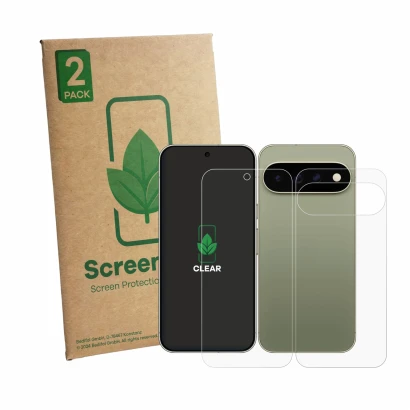 Parte frontale di una confezione del prodotto con il logo del marchio ScreenLeaf. Accanto è raffigurato il dispositivo Google 