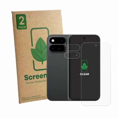 Parte frontale di una confezione del prodotto con il logo del marchio ScreenLeaf. Accanto è raffigurato il dispositivo Google 