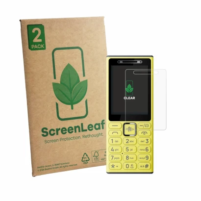 Parte frontale di una confezione del prodotto con il logo del marchio ScreenLeaf. Accanto è raffigurato il dispositivo Nokia 2