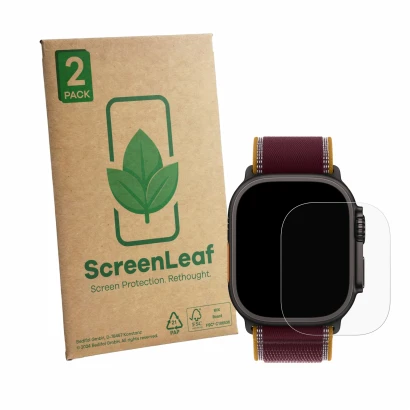 Parte frontale di una confezione del prodotto con il logo del marchio ScreenLeaf. Accanto è raffigurato il dispositivo Apple W