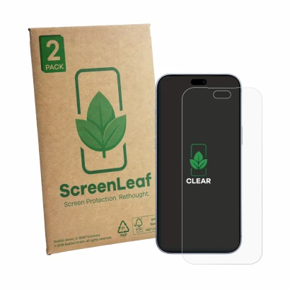 Parte frontale di una confezione del prodotto con il logo del marchio ScreenLeaf. Accanto è raffigurato il dispositivo Apple i