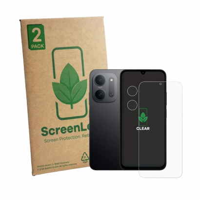 Parte frontale di una confezione del prodotto con il logo del marchio ScreenLeaf. Accanto è raffigurato il dispositivo Xiaomi 