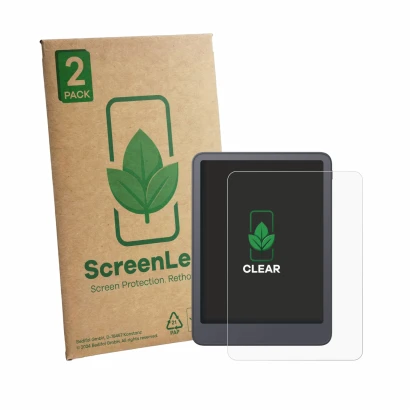 Parte frontale di una confezione del prodotto con il logo del marchio ScreenLeaf. Accanto è raffigurato il dispositivo Amazon 